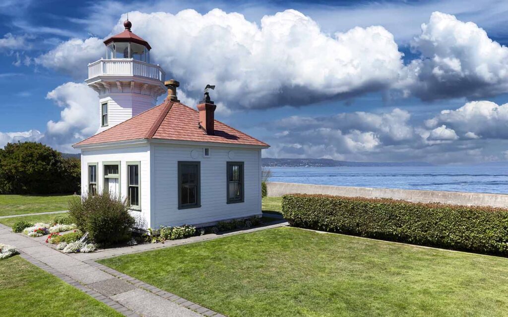 Mukilteo lighthouse park in Washington state during bright summer day